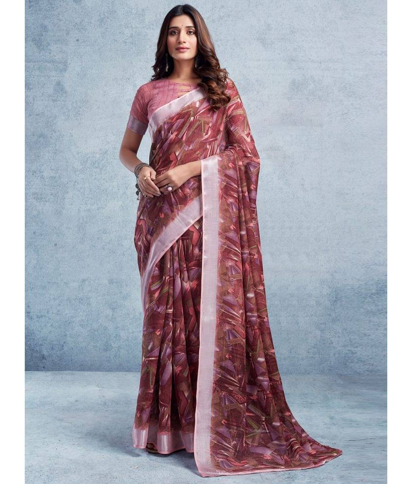 Samah Linen Printed Saree With Unstitched Blouse Piece ( Wine ) Samah Linen Printed Saree With Unstitched Blouse Piece ( Wine )