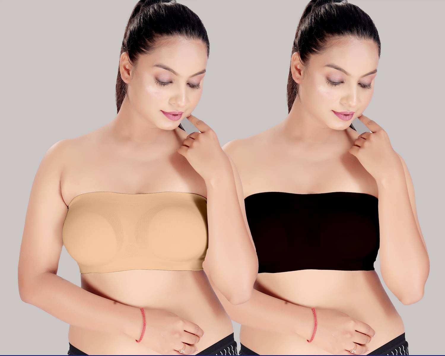 HAYA Pack of 2 Polyester Women's Strapless Bra ( Multicolor ) Nima Tube air Bra Skin and Black HAYA Pack of 2 Polyester Women's Strapless Bra ( Multicolor ) Nima Tube air Bra Skin and Black