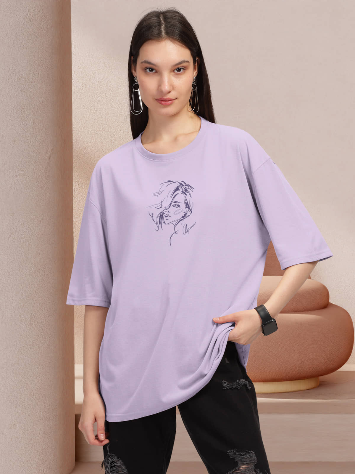 HELLCAT Women Cotton Blend Printed Oversized Fit Round Neck T-Shirt ( Green )