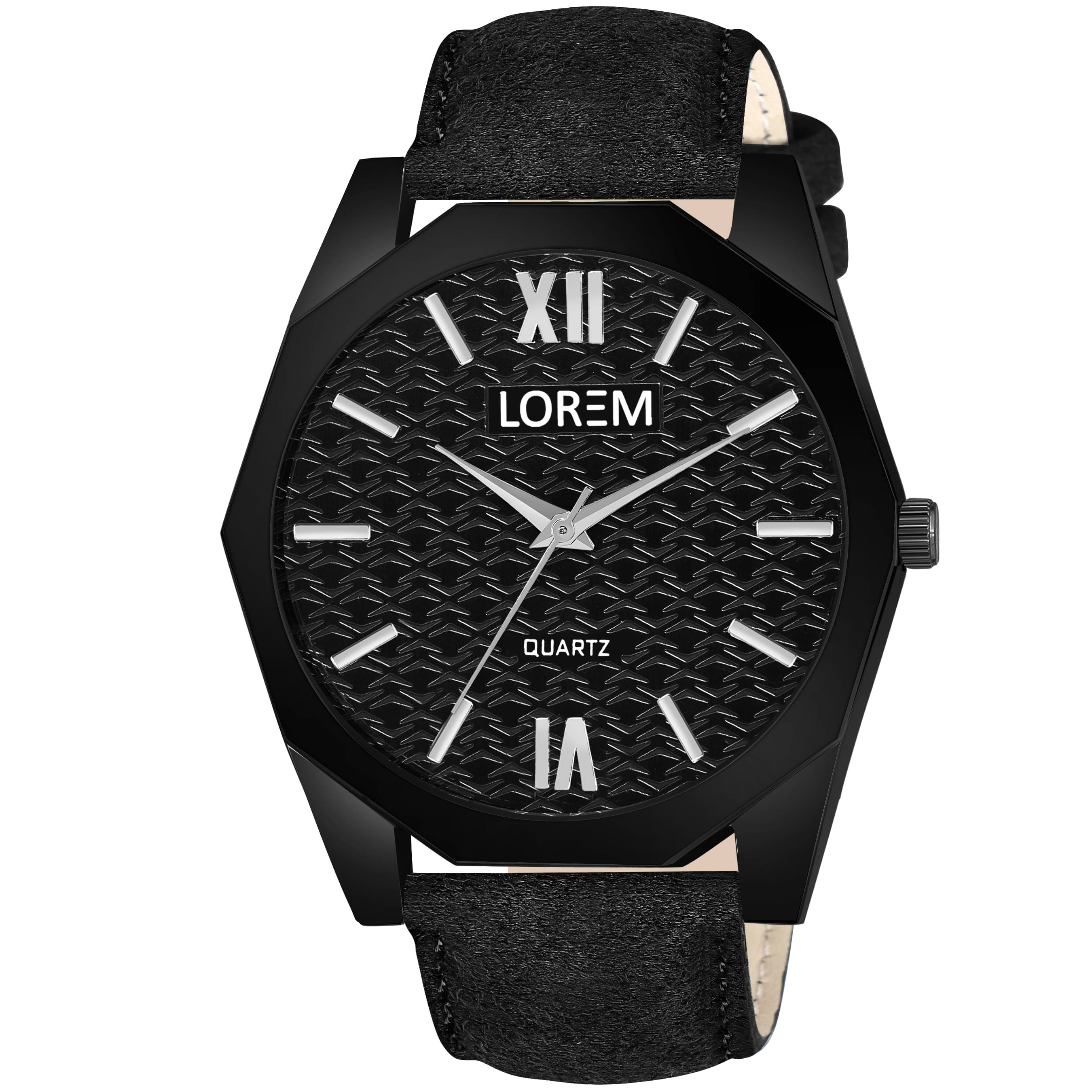     			Lorem Black Leather Analog Men's Watch