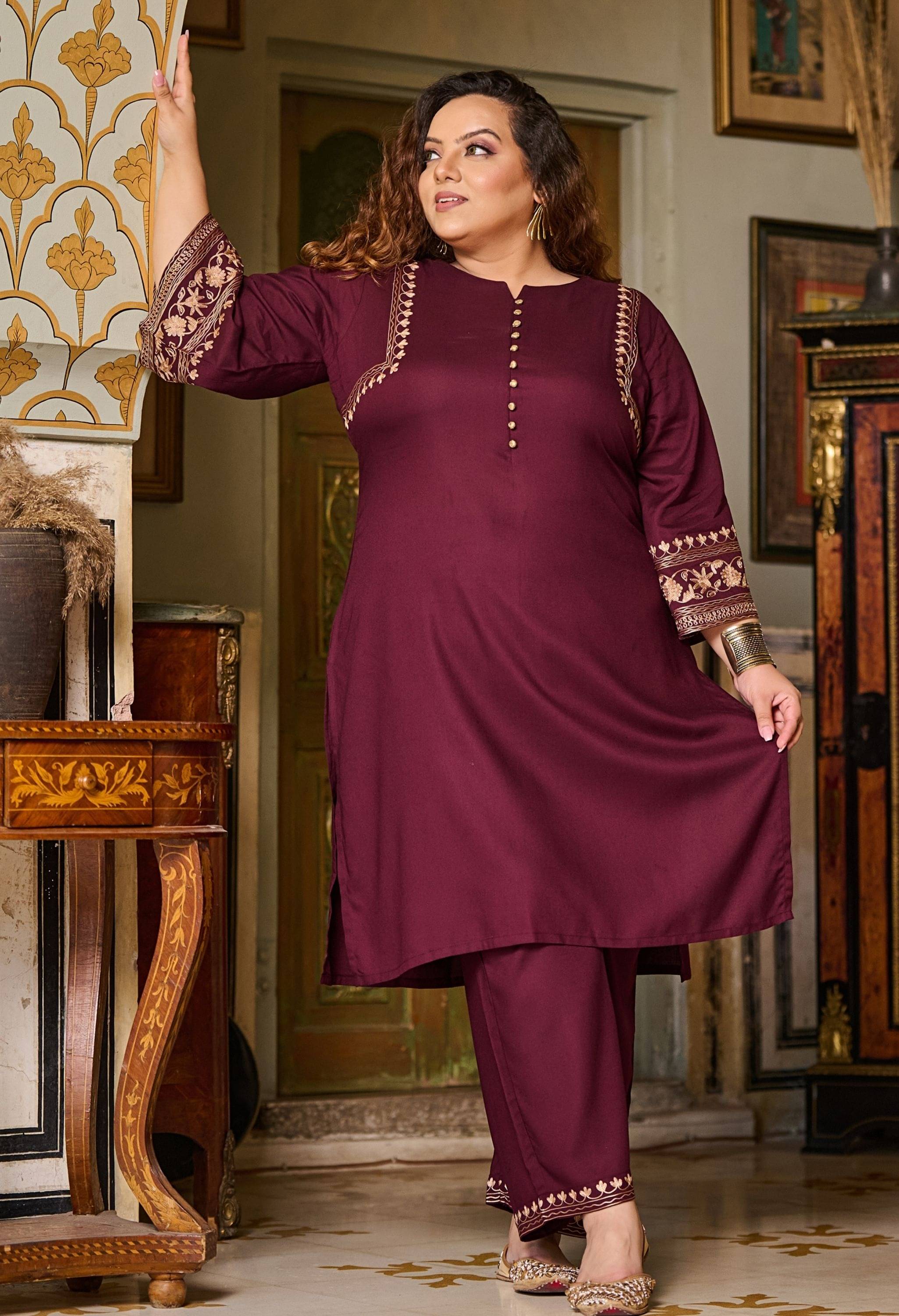     			PrettyPlus by Desinoor.com Women Embroidered A-line Kurti With Pants ( Burgundy )