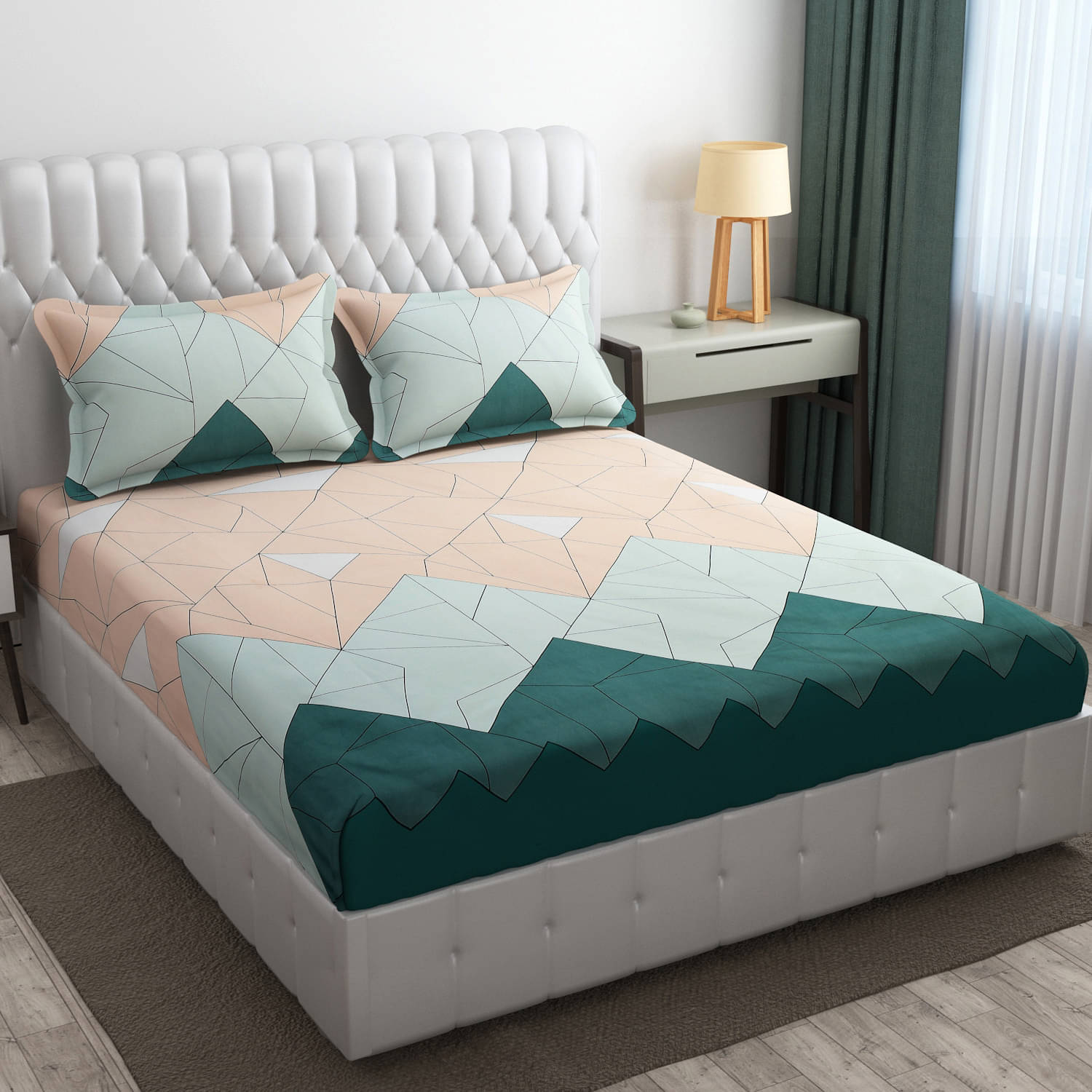 SHOMES Cotton Abstract Fitted 1 Bedsheet with 2 Pillow Covers ( Double Bed ) - Cream     			SHOMES Cotton Abstract Fitted 1 Bedsheet with 2 Pillow Covers ( Double Bed ) - Cream