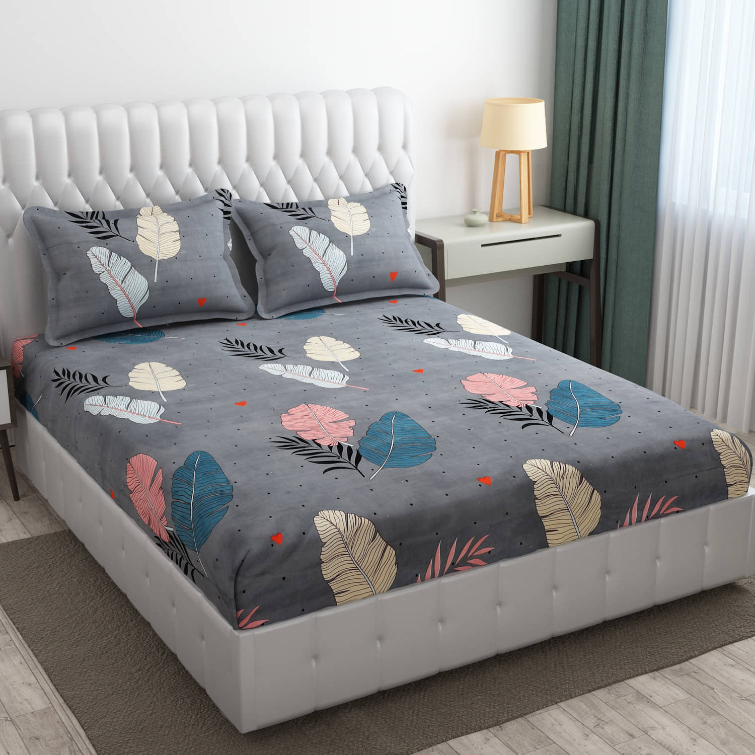 SHOMES Cotton Floral Fitted 1 Bedsheet with 2 Pillow Covers ( Double Bed ) - Dark Grey