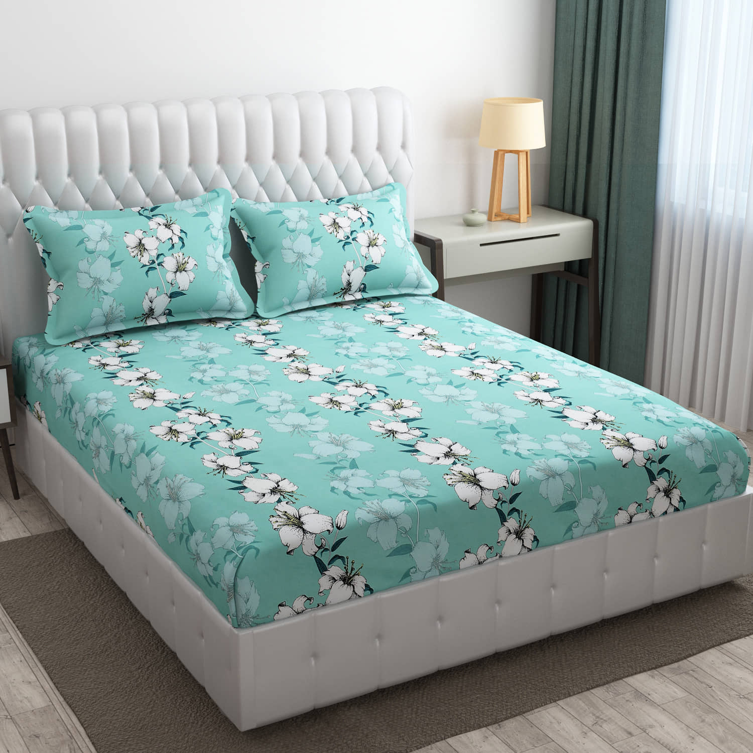 SHOMES Cotton Floral Fitted 1 Bedsheet with 2 Pillow Covers ( Double Bed ) - Green