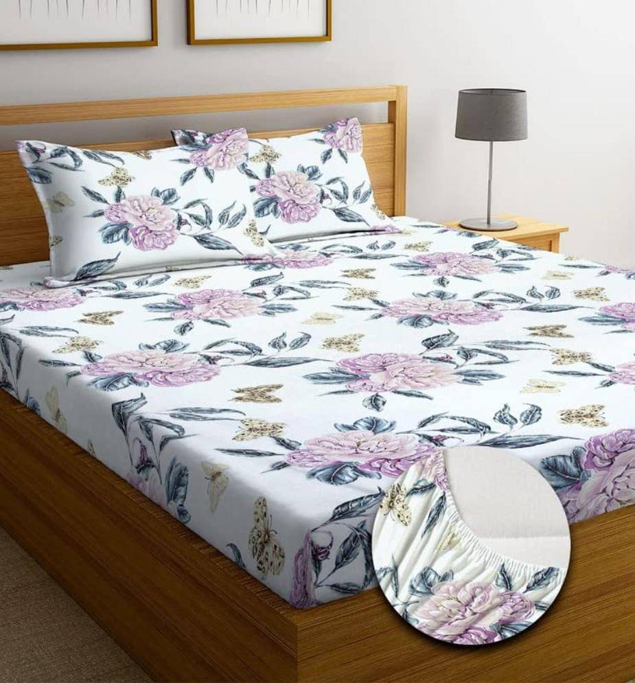 SHOMES Cotton Floral Fitted 1 Bedsheet with 2 Pillow Covers ( Double Bed ) - Cream     			SHOMES Cotton Floral Fitted 1 Bedsheet with 2 Pillow Covers ( Double Bed ) - Cream