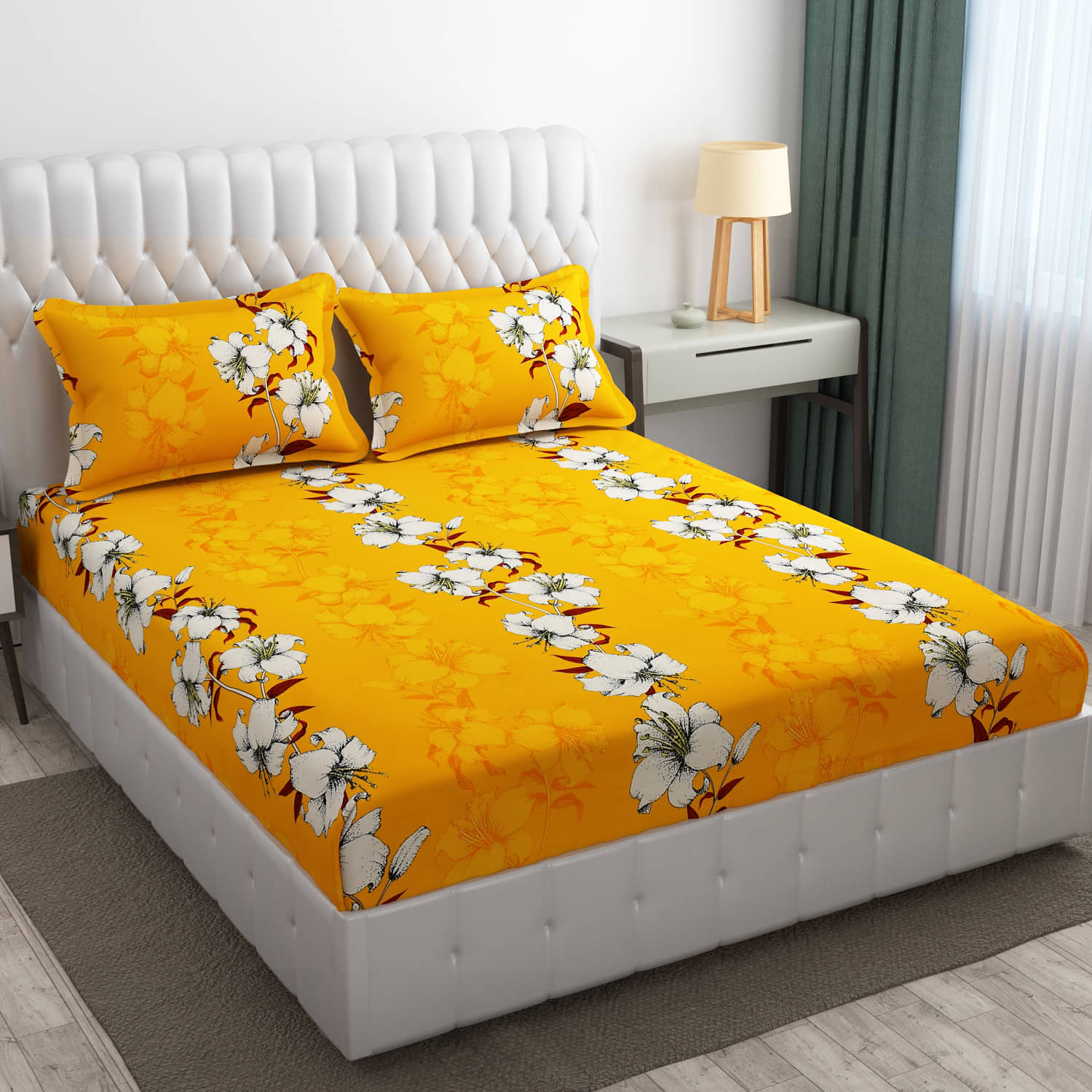 SHOMES Cotton Floral Fitted 1 Bedsheet with 2 Pillow Covers ( Double Bed ) - Yellow