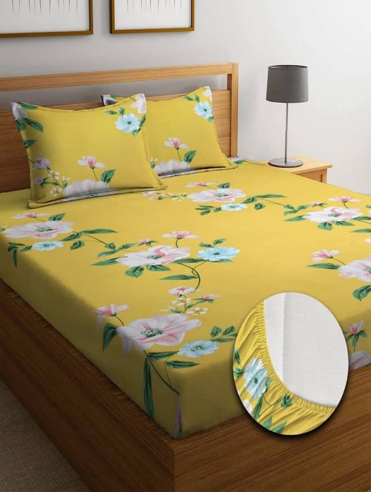 SHOMES Cotton Floral Fitted 1 Bedsheet with 2 Pillow Covers ( Double Bed ) - Yellow SHOMES Cotton Floral Fitted 1 Bedsheet with 2 Pillow Covers ( Double Bed ) - Yellow