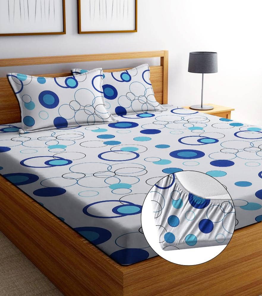 SHOMES Cotton Floral Fitted 1 Bedsheet with 2 Pillow Covers ( Double Bed ) - Off White