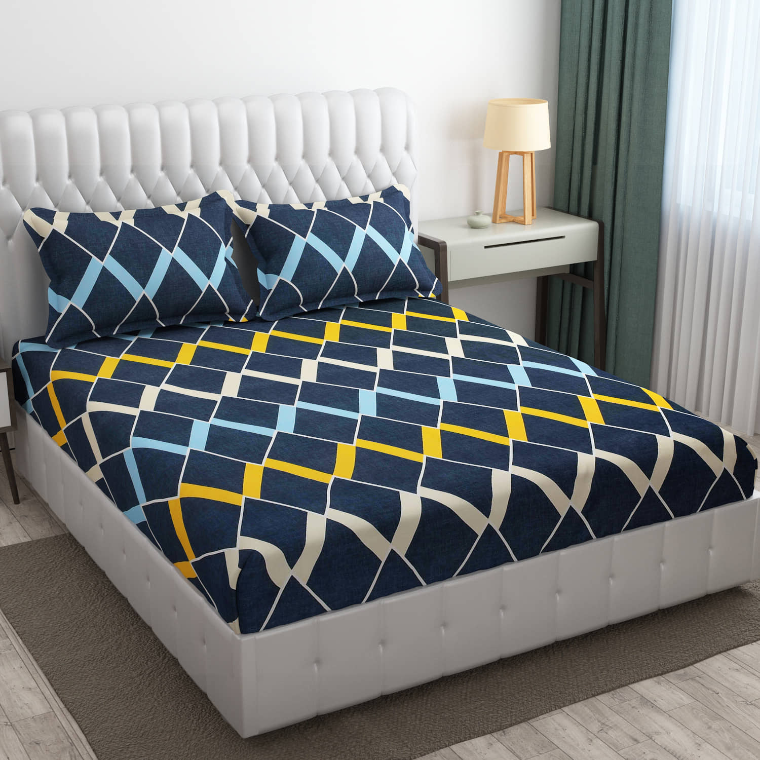SHOMES Cotton Floral Fitted 1 Bedsheet with 2 Pillow Covers ( Double Bed ) - Navy