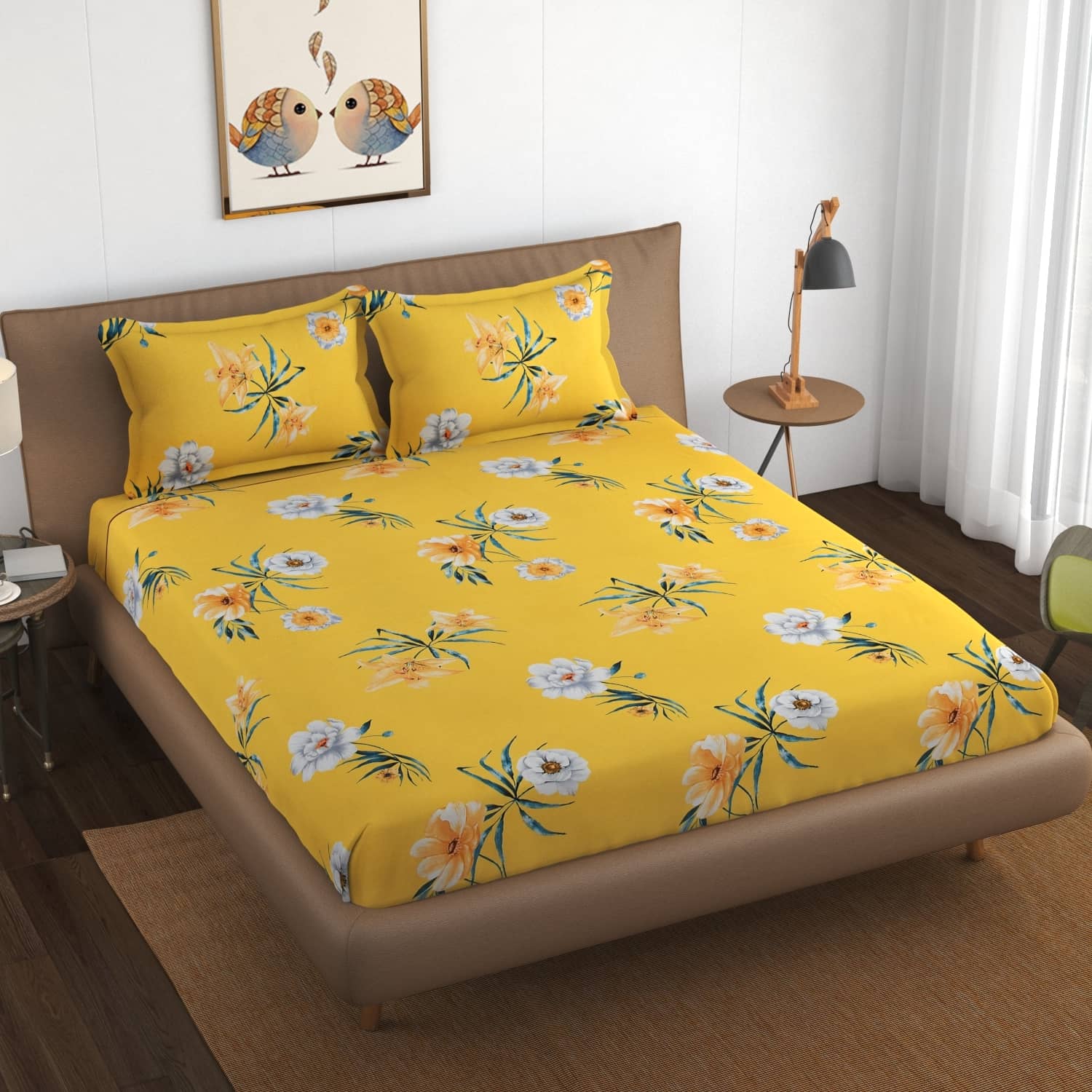 SHOMES Cotton Floral Fitted 1 Bedsheet with 2 Pillow Covers ( Double Bed ) - Yellow