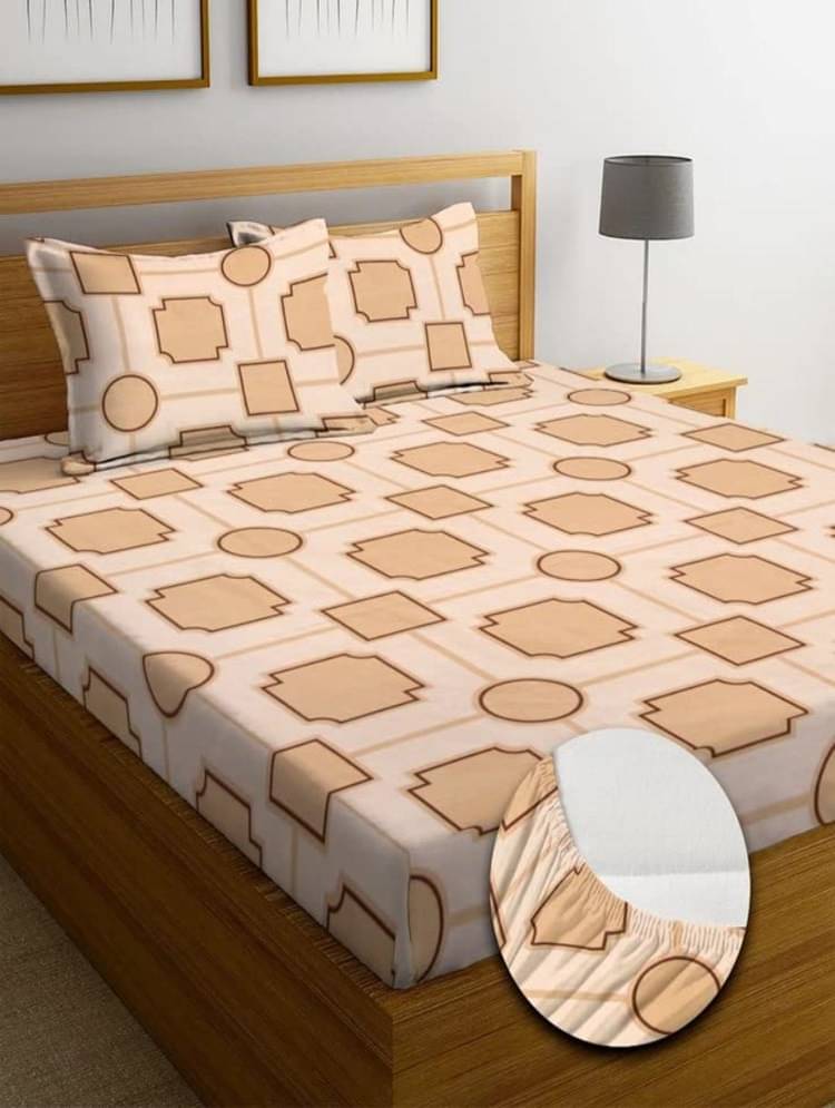     			SHOMES Cotton Geometric Fitted 1 Bedsheet with 2 Pillow Covers ( Double Bed ) - Beige