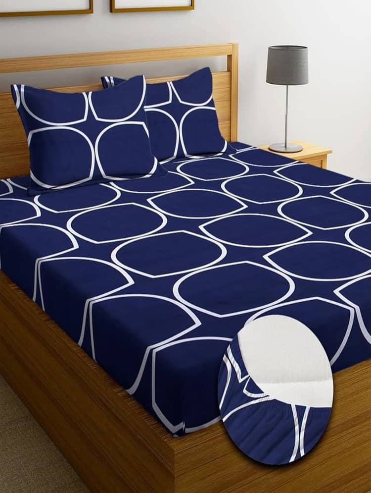 SHOMES Cotton Geometric Fitted 1 Bedsheet with 2 Pillow Covers ( Double Bed ) - Navy