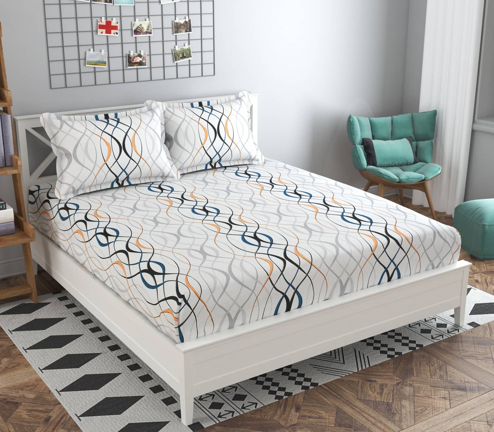 SHOMES Cotton Geometric Fitted 1 Bedsheet with 2 Pillow Covers ( Double Bed ) - White