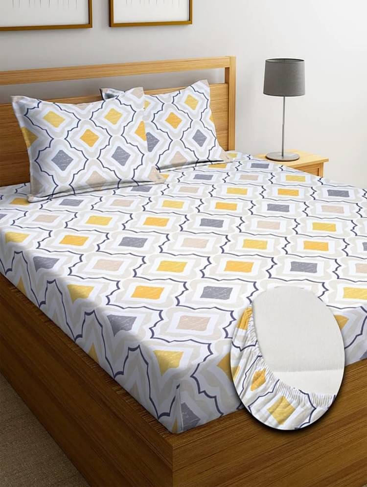     			SHOMES Cotton Geometric Fitted 1 Bedsheet with 2 Pillow Covers ( Double Bed ) - White