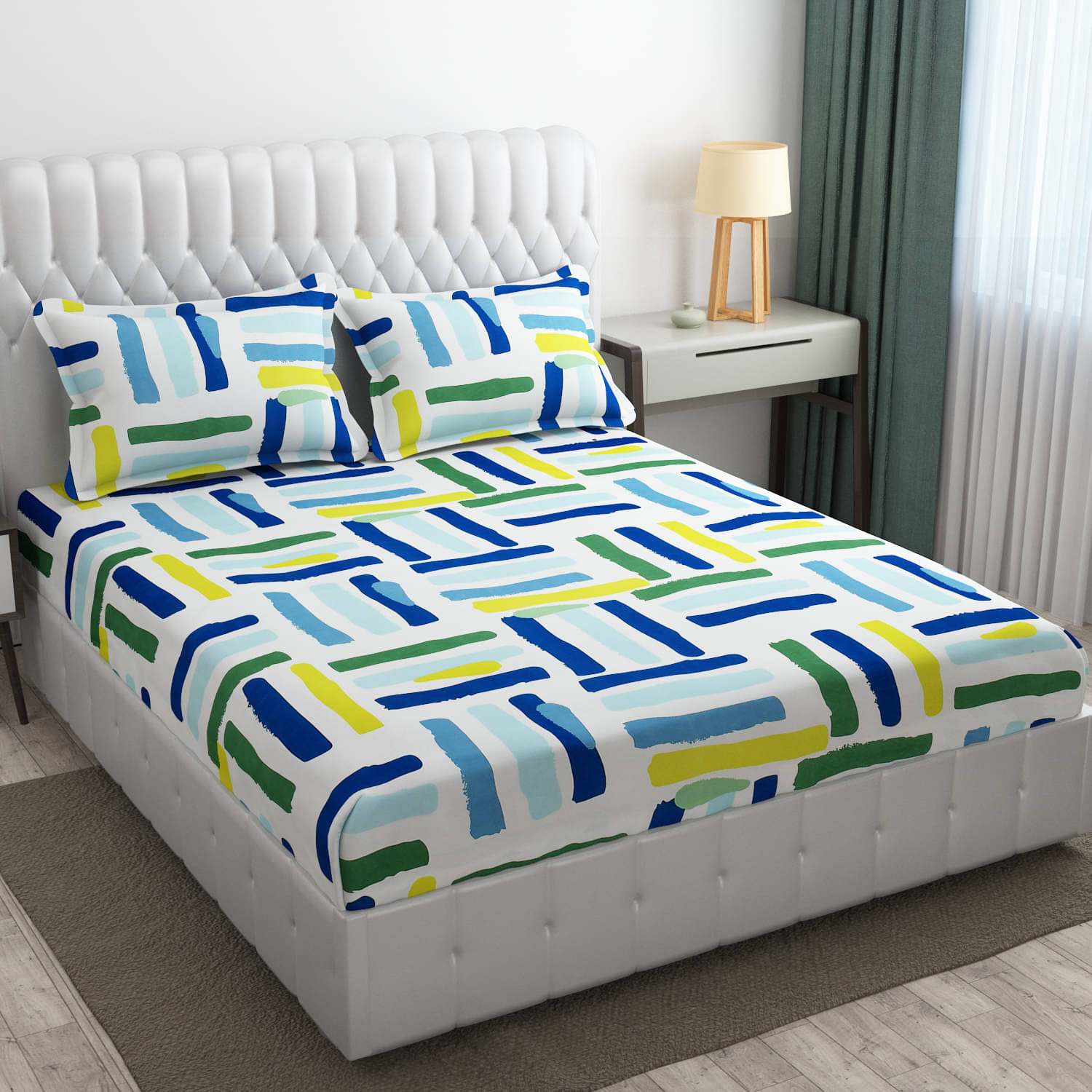 SHOMES Cotton Geometric Fitted 1 Bedsheet with 2 Pillow Covers ( Double Bed ) - Multi SHOMES Cotton Geometric Fitted 1 Bedsheet with 2 Pillow Covers ( Double Bed ) - Multi