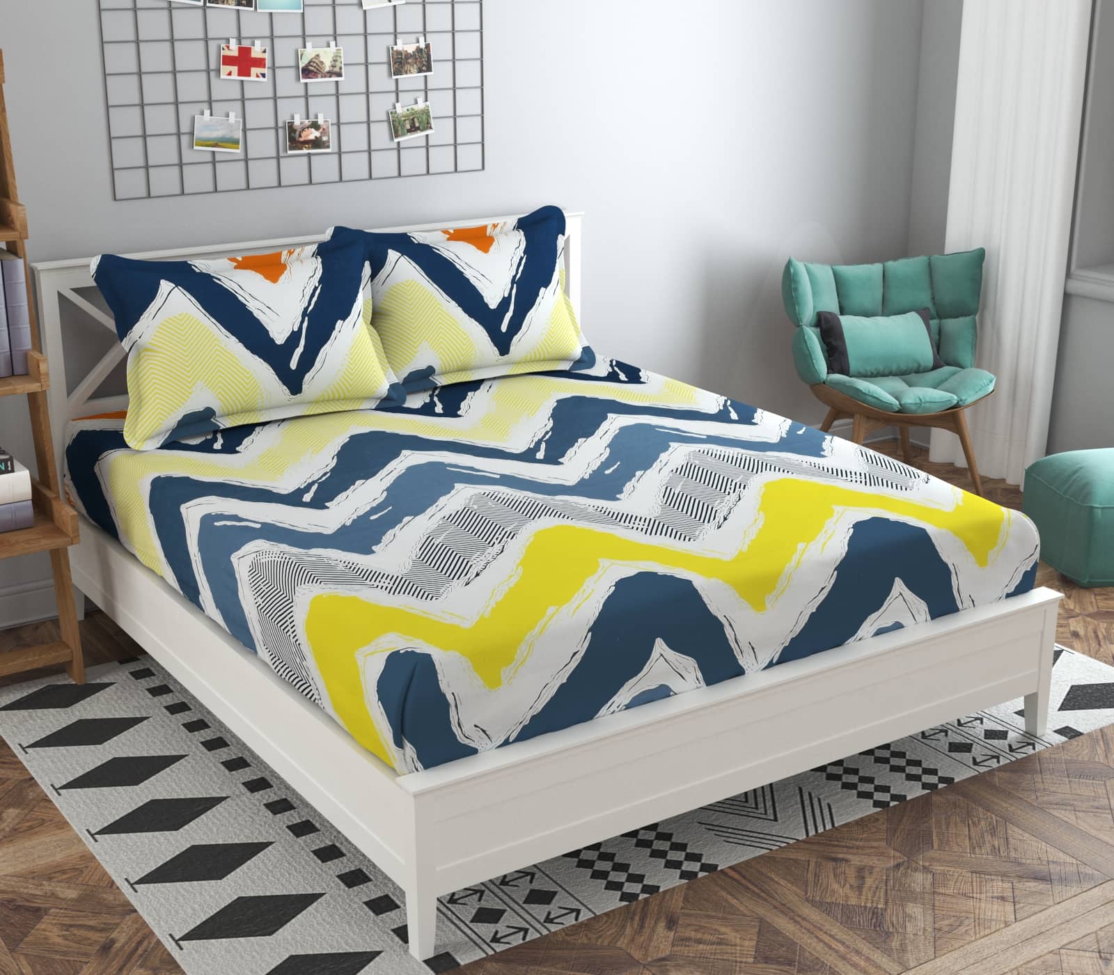 SHOMES Cotton Geometric Printed Fitted 1 Bedsheet with 2 Pillow Covers ( Double Bed ) - Yellow