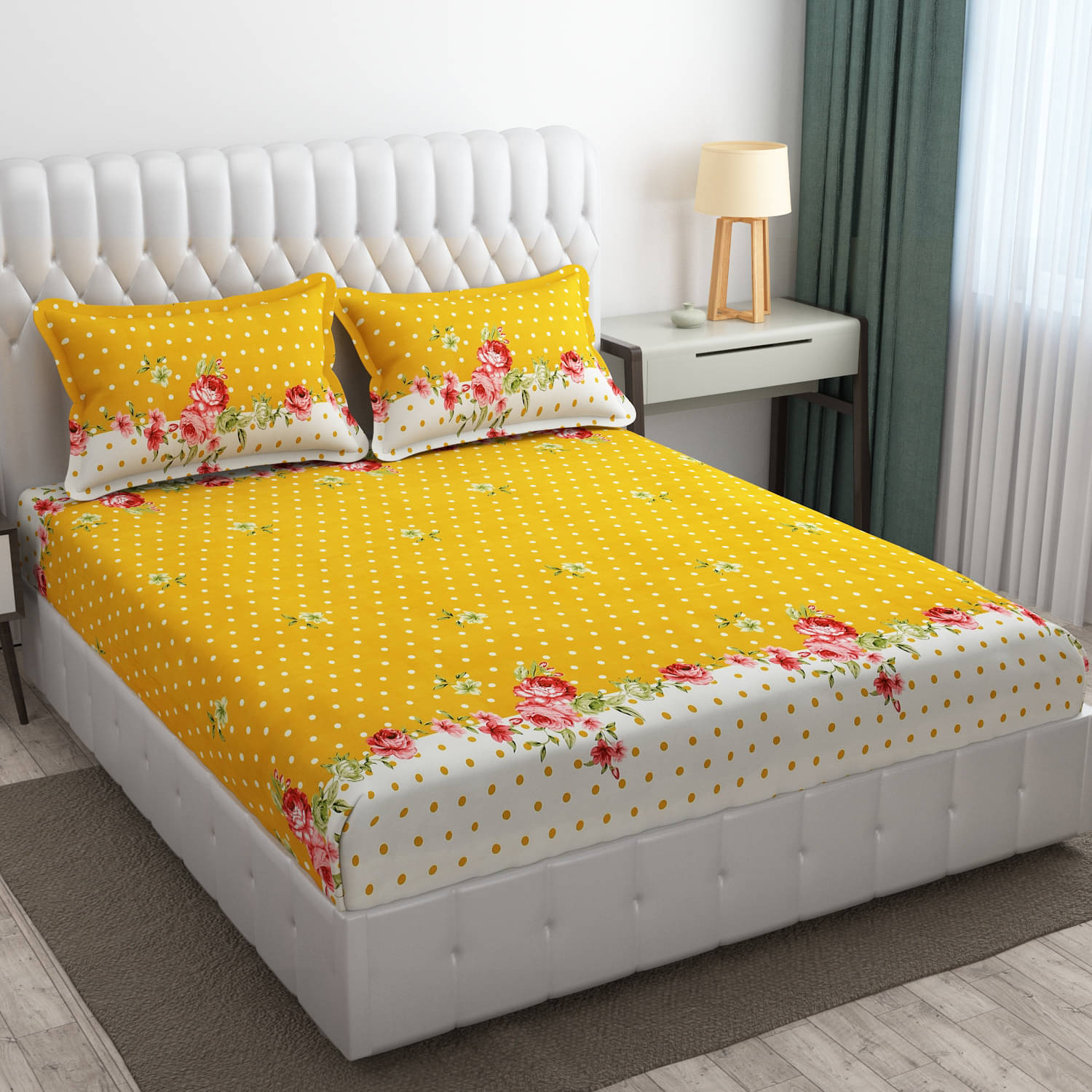 SHOMES Cotton Polka Dots Fitted 1 Bedsheet with 2 Pillow Covers ( Double Bed ) - Yellow SHOMES Cotton Polka Dots Fitted 1 Bedsheet with 2 Pillow Covers ( Double Bed ) - Yellow