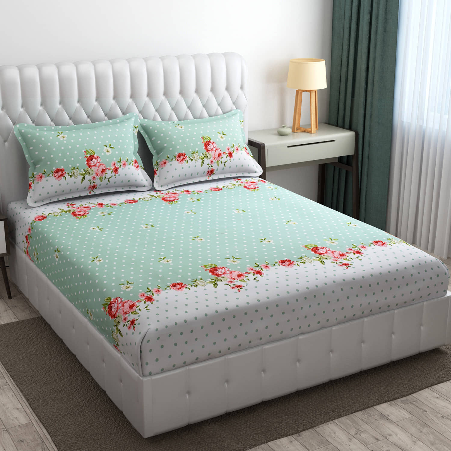 SHOMES Cotton Polka Dots Fitted 1 Bedsheet with 2 Pillow Covers ( Double Bed ) - Green