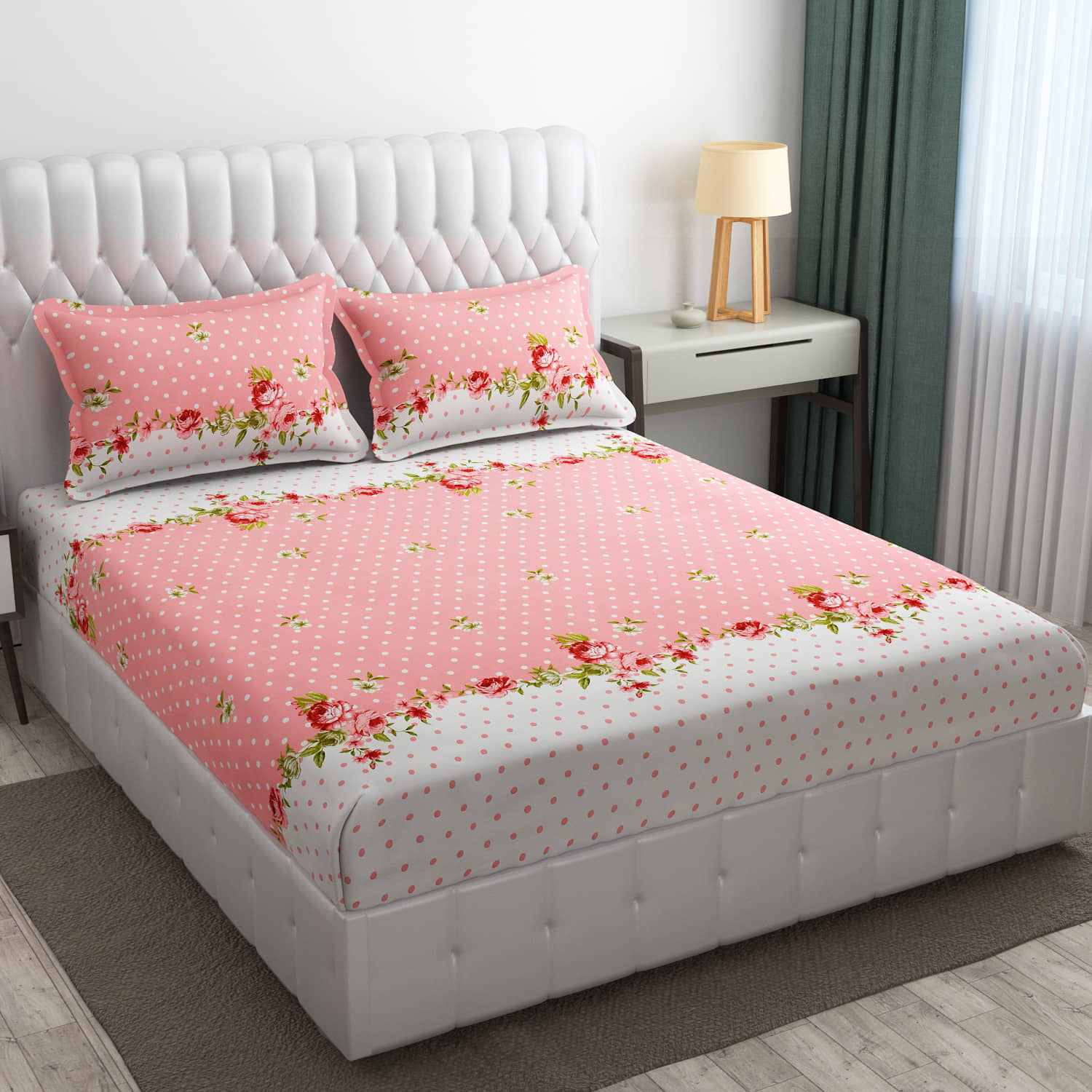 SHOMES Cotton 1 Double Fitted Bedsheet with 2 Pillow Covers ( 198 cm x 182 cm ) , Pink