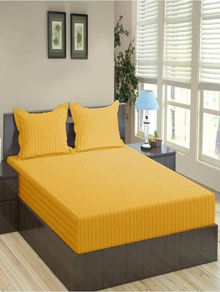 SHOMES Cotton Vertical Striped Fitted 1 Bedsheet with 2 Pillow Covers ( Double Bed ) - Yellow SHOMES Cotton Vertical Striped Fitted 1 Bedsheet with 2 Pillow Covers ( Double Bed ) - Yellow