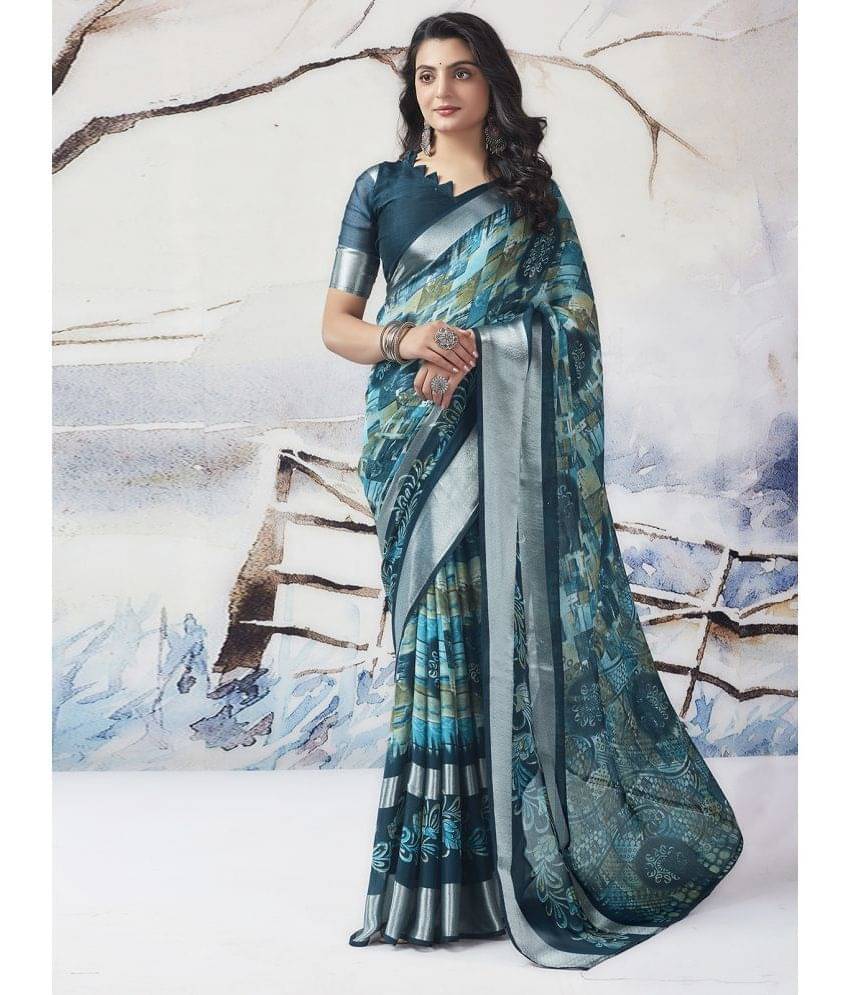 Samah Chiffon Printed Saree With Unstitched Blouse Piece ( Blue ) Samah Chiffon Printed Saree With Unstitched Blouse Piece ( Blue )