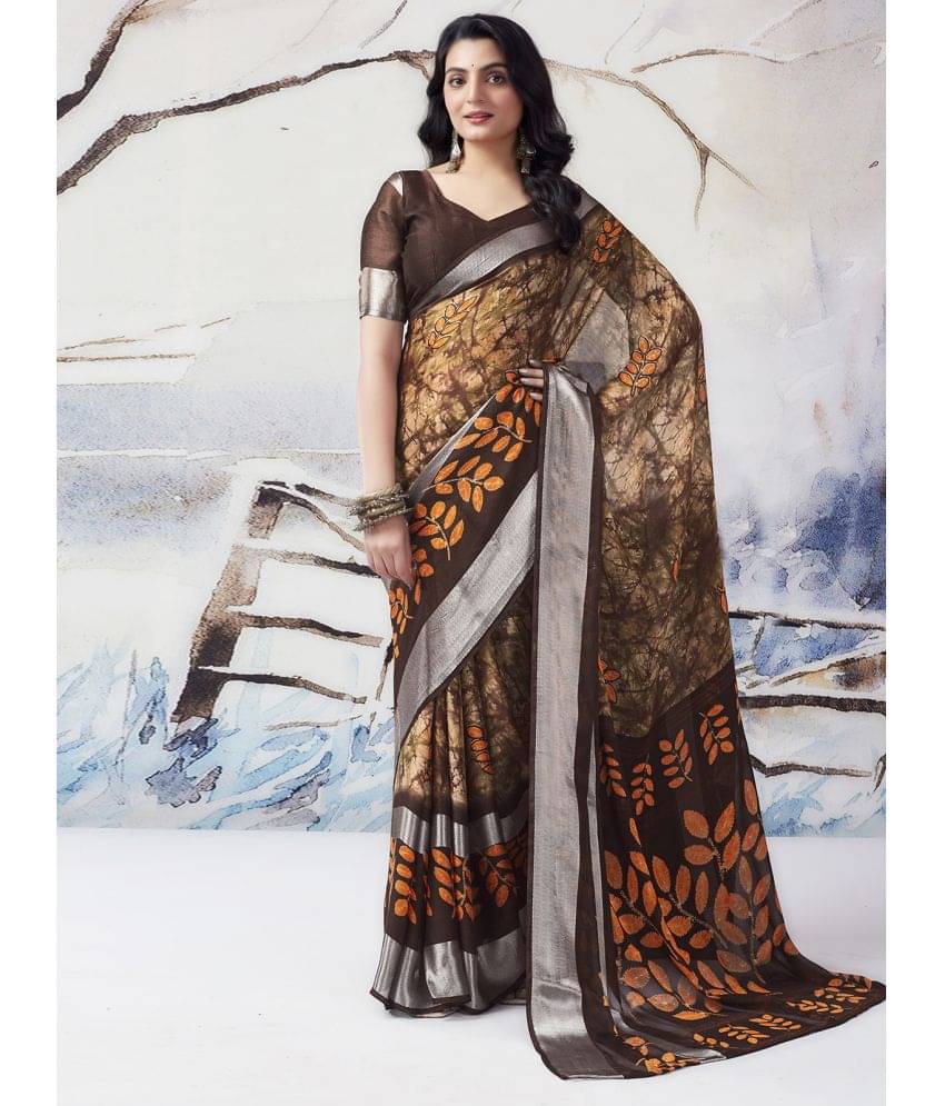 Samah Chiffon Printed Saree With Unstitched Blouse Piece ( Brown ) Samah Chiffon Printed Saree With Unstitched Blouse Piece ( Brown )