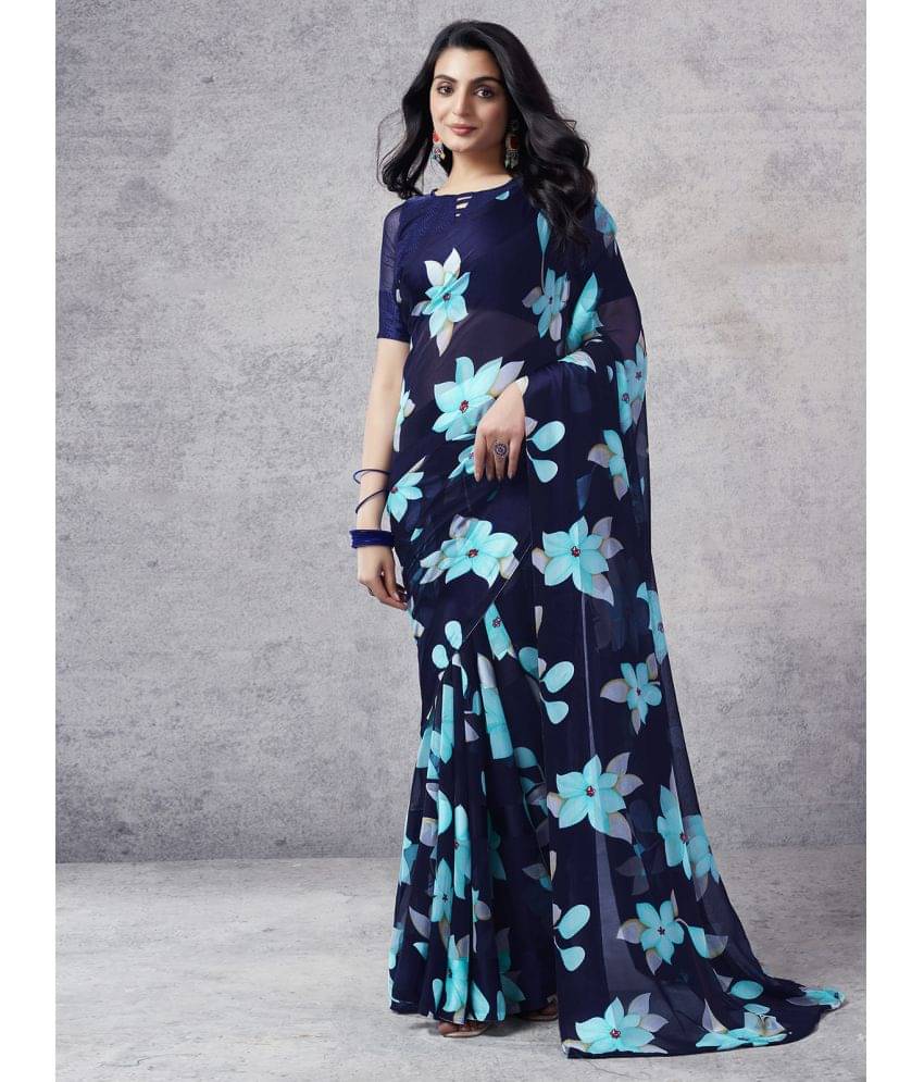 Samah Georgette Printed Saree With Unstitched Blouse Piece ( Navy Blue ) Samah Georgette Printed Saree With Unstitched Blouse Piece ( Navy Blue )