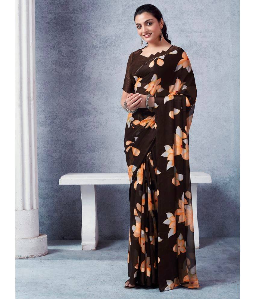     			Samah Georgette Printed Saree With Unstitched Blouse Piece ( Brown )