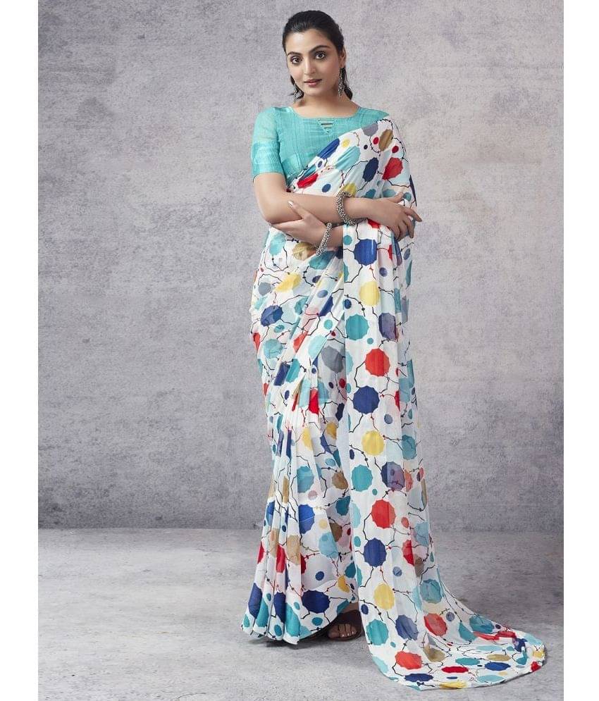 Samah Georgette Printed Saree With Unstitched Blouse Piece ( White ) Samah Georgette Printed Saree With Unstitched Blouse Piece ( White )