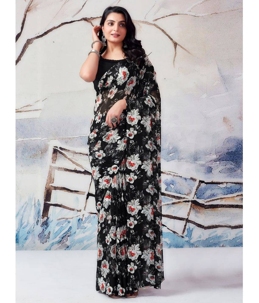     			Samah Georgette Printed Saree With Unstitched Blouse Piece ( Black )