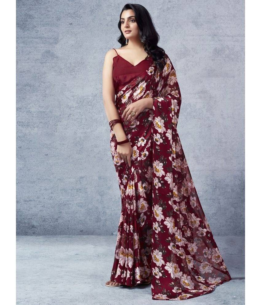 Samah Georgette Printed Saree With Unstitched Blouse Piece ( Maroon ) Samah Georgette Printed Saree With Unstitched Blouse Piece ( Maroon )