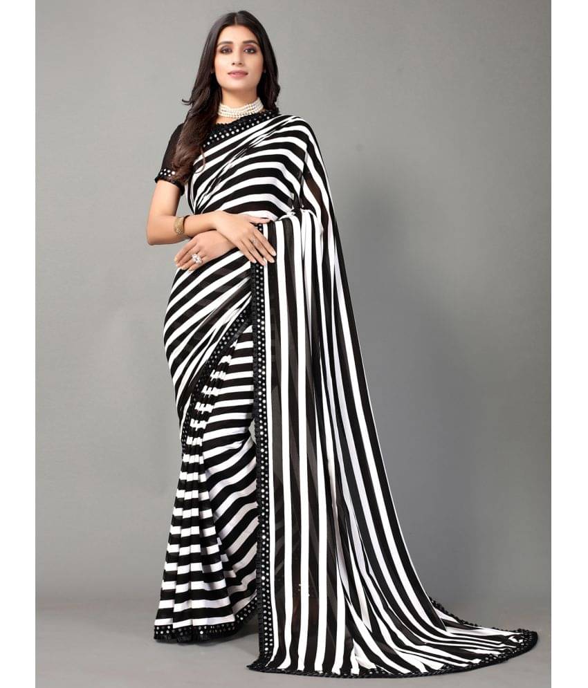 Samah Georgette Striped Saree With Unstitched Blouse Piece ( White ) Samah Georgette Striped Saree With Unstitched Blouse Piece ( White )