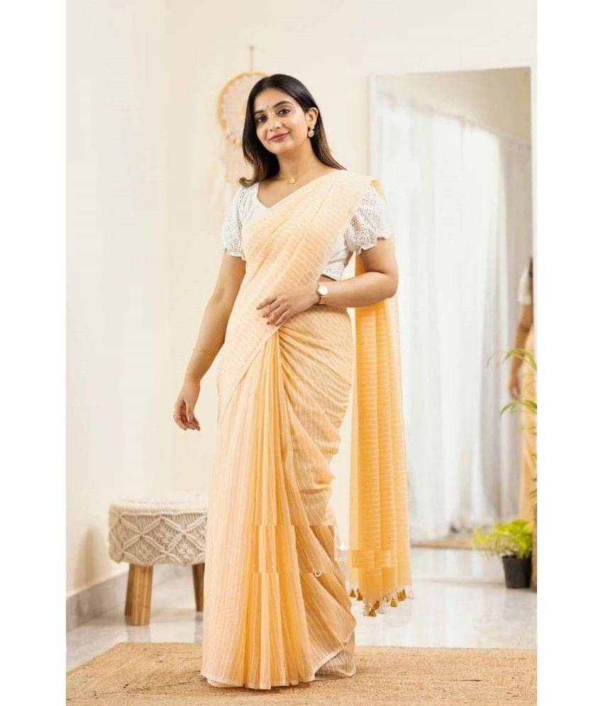 Apnisha Cotton Striped Saree With Unstitched Blouse Piece ( Yellow ) Apnisha Cotton Striped Saree With Unstitched Blouse Piece ( Yellow )