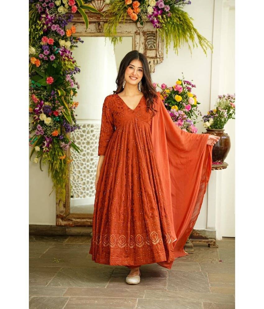 Estela Georgette Embroidered Kurti With Pants Women's Stitched Salwar Suit - Orange ( Pack of 1 ) Estela Georgette Embroidered Kurti With Pants Women's Stitched Salwar Suit - Orange ( Pack of 1 )