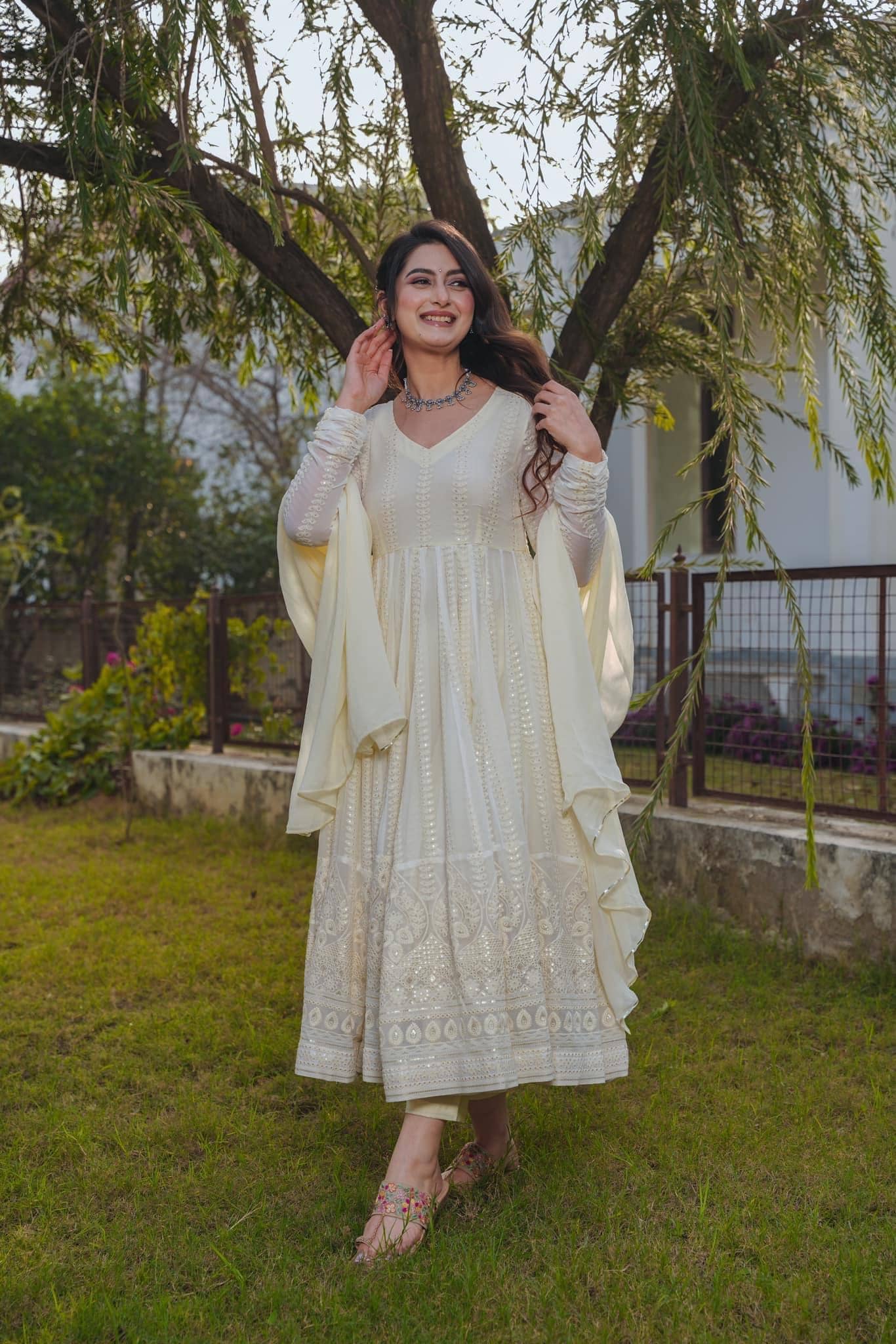 Estela Georgette Embroidered Kurti With Pants Women's Stitched Salwar Suit - Cream ( Pack of 1 )