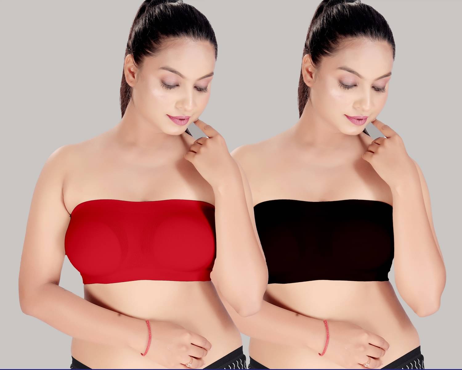     			HAYA Pack of 2 Polyester Women's Strapless Bra ( Multicolor ) Nima Tube air Bra Red and Black