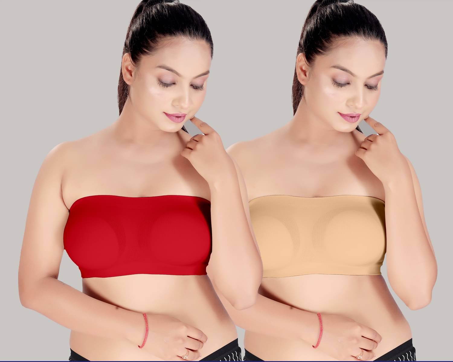 HAYA Pack of 2 Polyester Women's Strapless Bra ( Multicolor ) Nima Tube air Bra Skin and Red HAYA Pack of 2 Polyester Women's Strapless Bra ( Multicolor ) Nima Tube air Bra Skin and Red