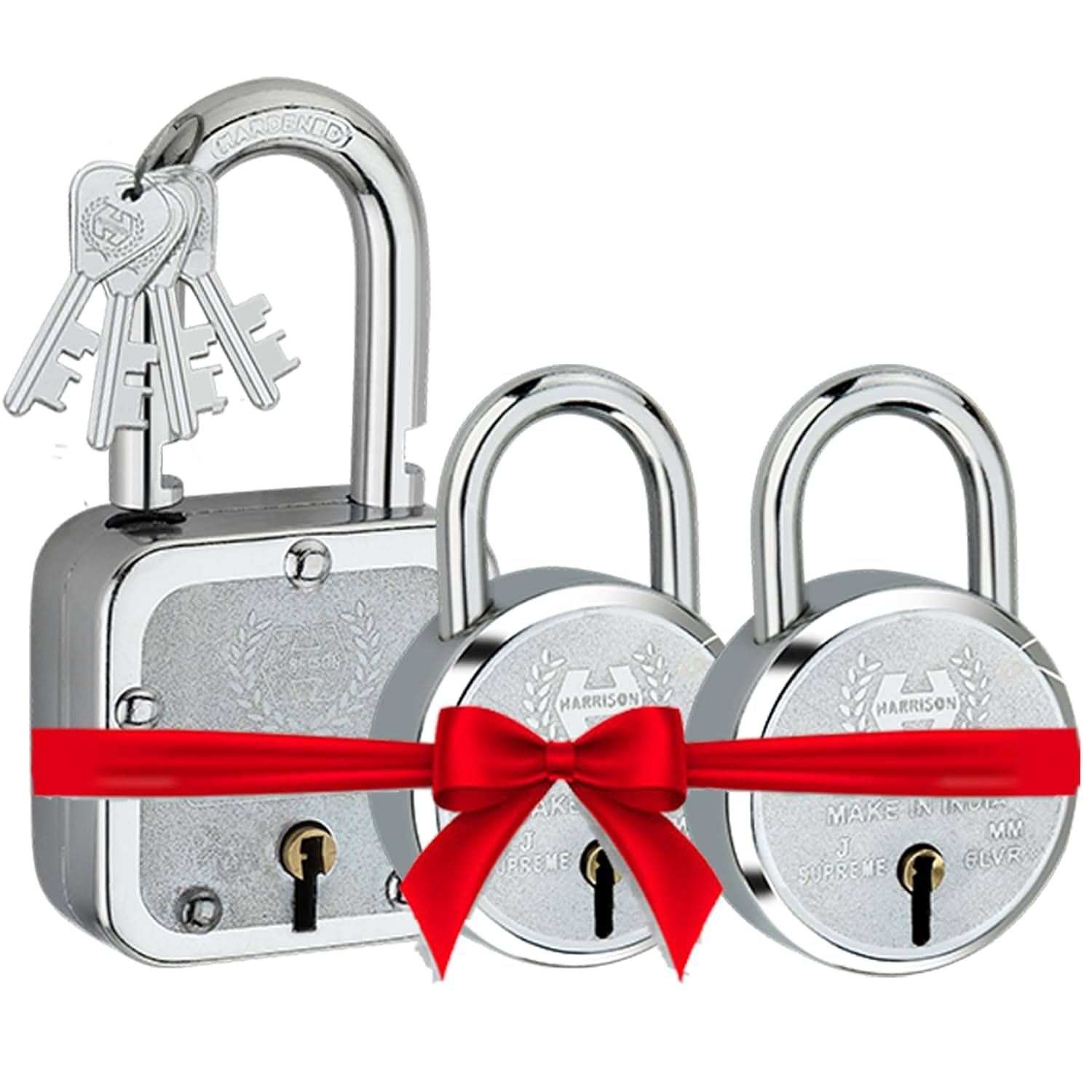     			Harrison Padlocks Buy 1 Get 2 Free/ 1 Square Padlock 65mm T-27-0033 with 2 Round Padlock 65mm J-SUPREME-0643/ Mild Steel Material/Bright Chrome Plated Finish/Door Lock, Shutter Lock, Godown Lock