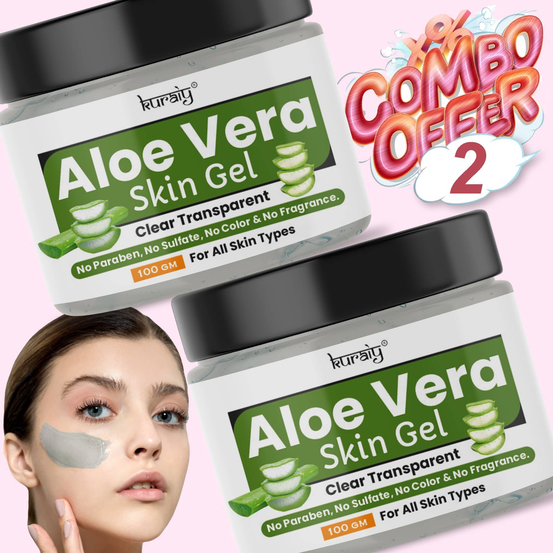 KURAIY Aloe Vera Skin Brightening & Shining Pimple Free Face Gel for All Skin Types 100g Pack of 2