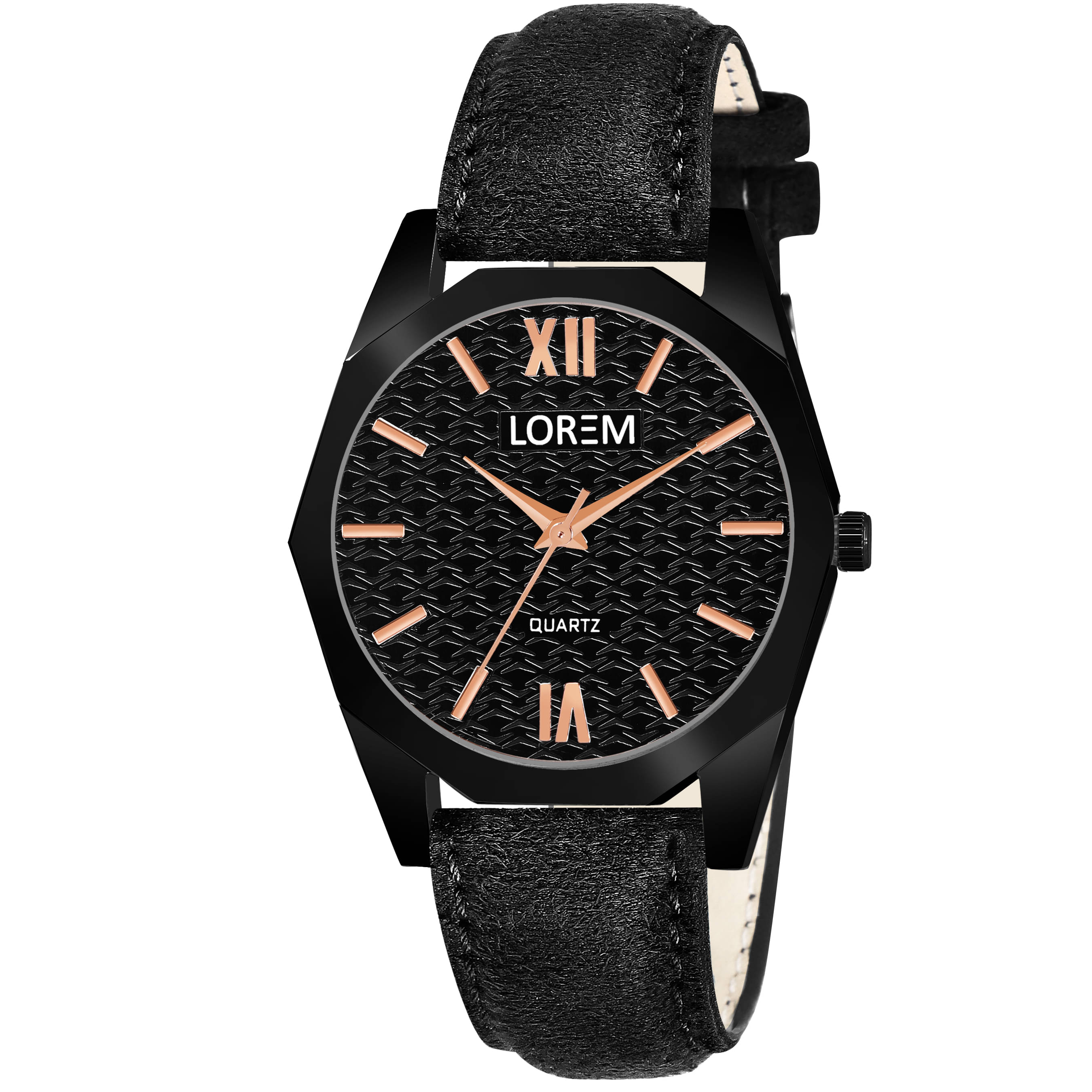     			Lorem Black Leather Analog Womens Watch