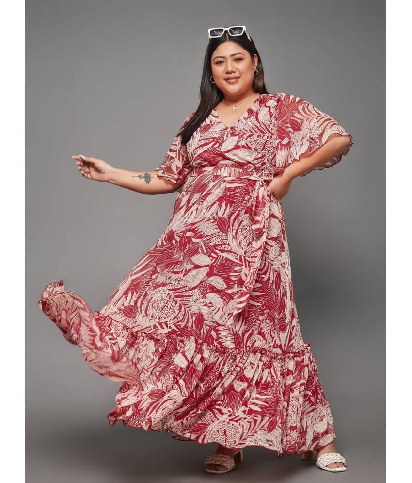 Miss Chase A+ Women Chiffon Printed Fit & Flare Dress ( Maroon )
