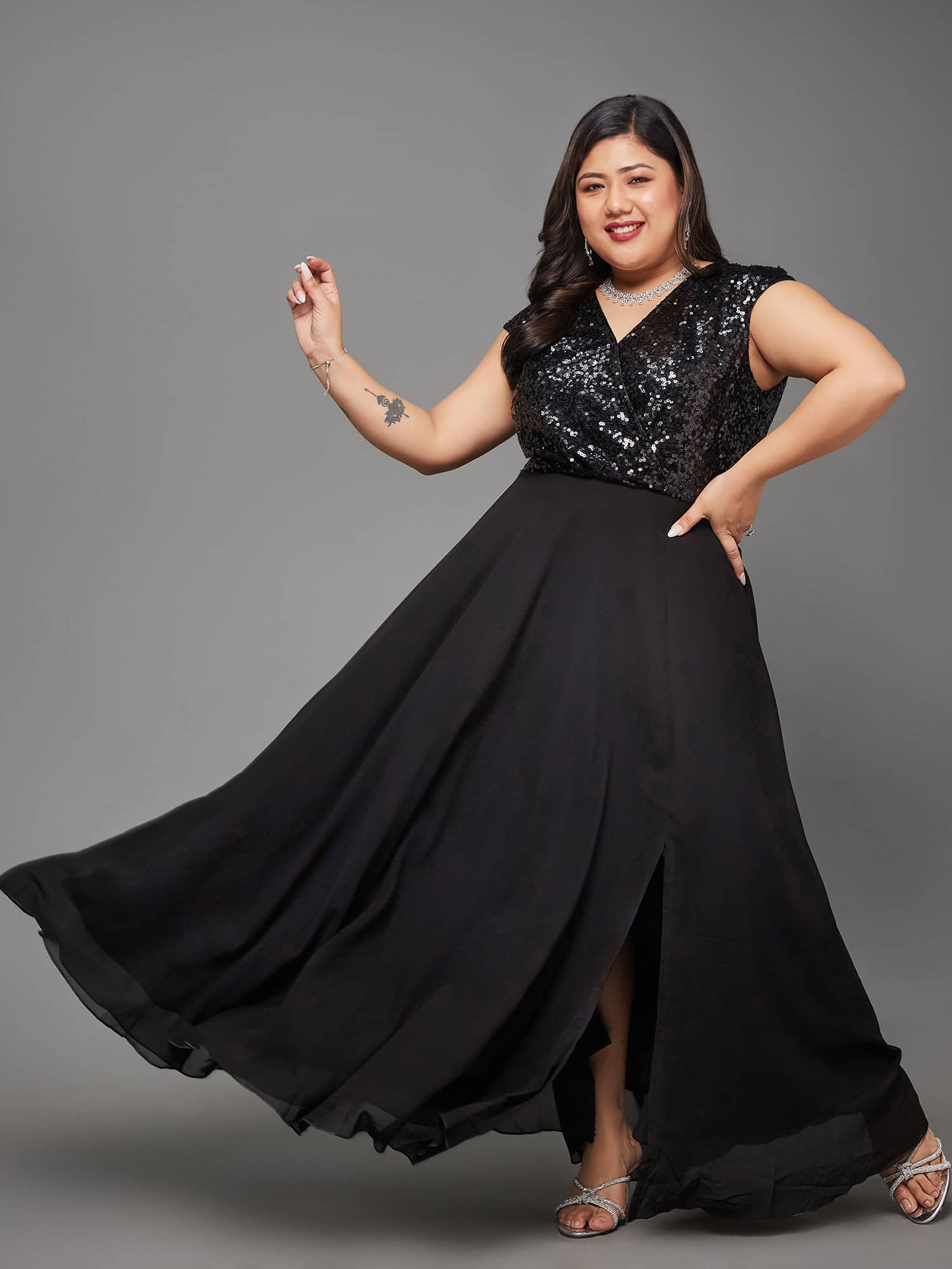 Miss Chase A+ Women Georgette Embellished Fit & Flare Dress ( Black )