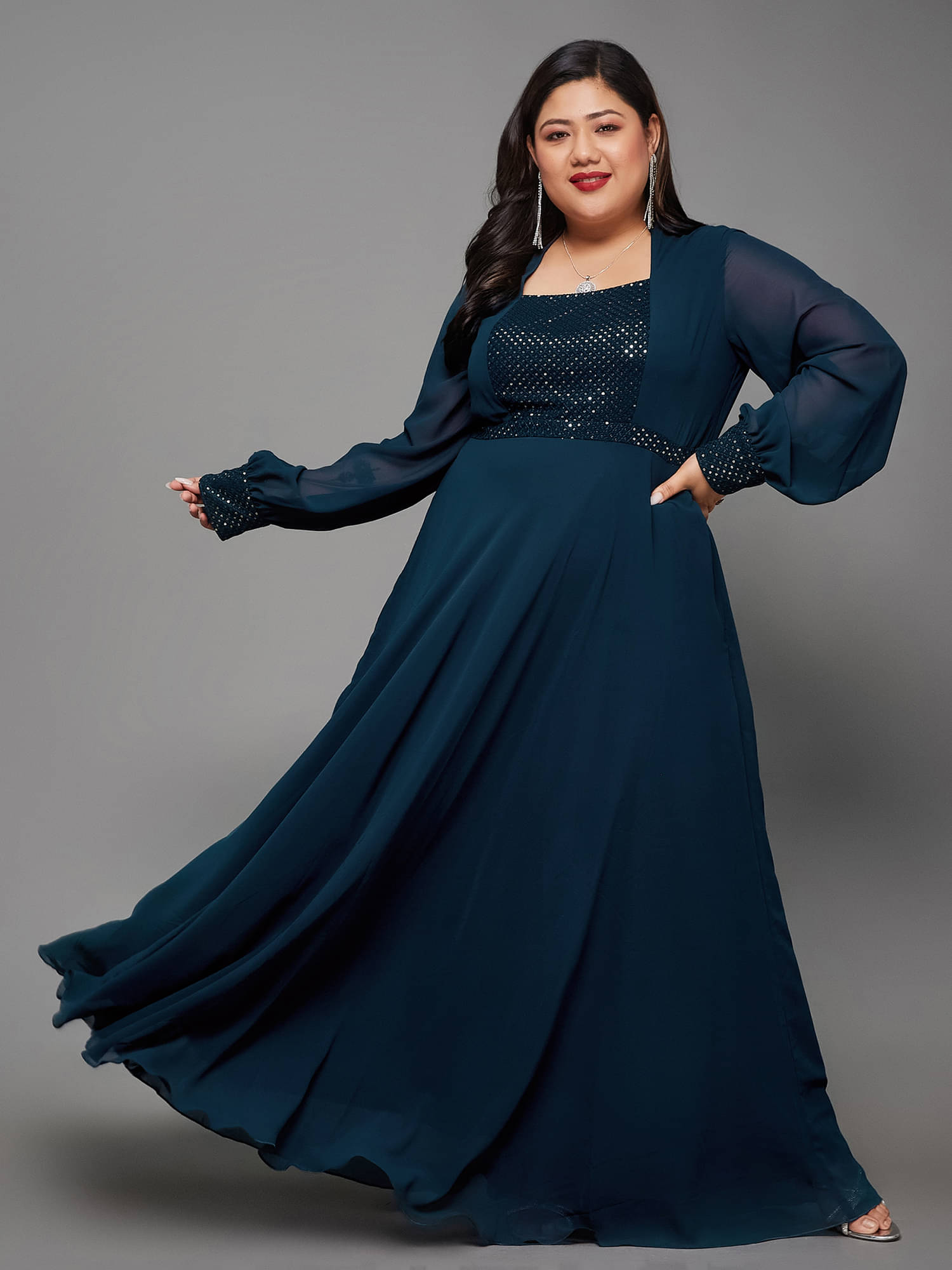     			Miss Chase A+ Women Georgette Embellished Fit & Flare Dress ( Teal )