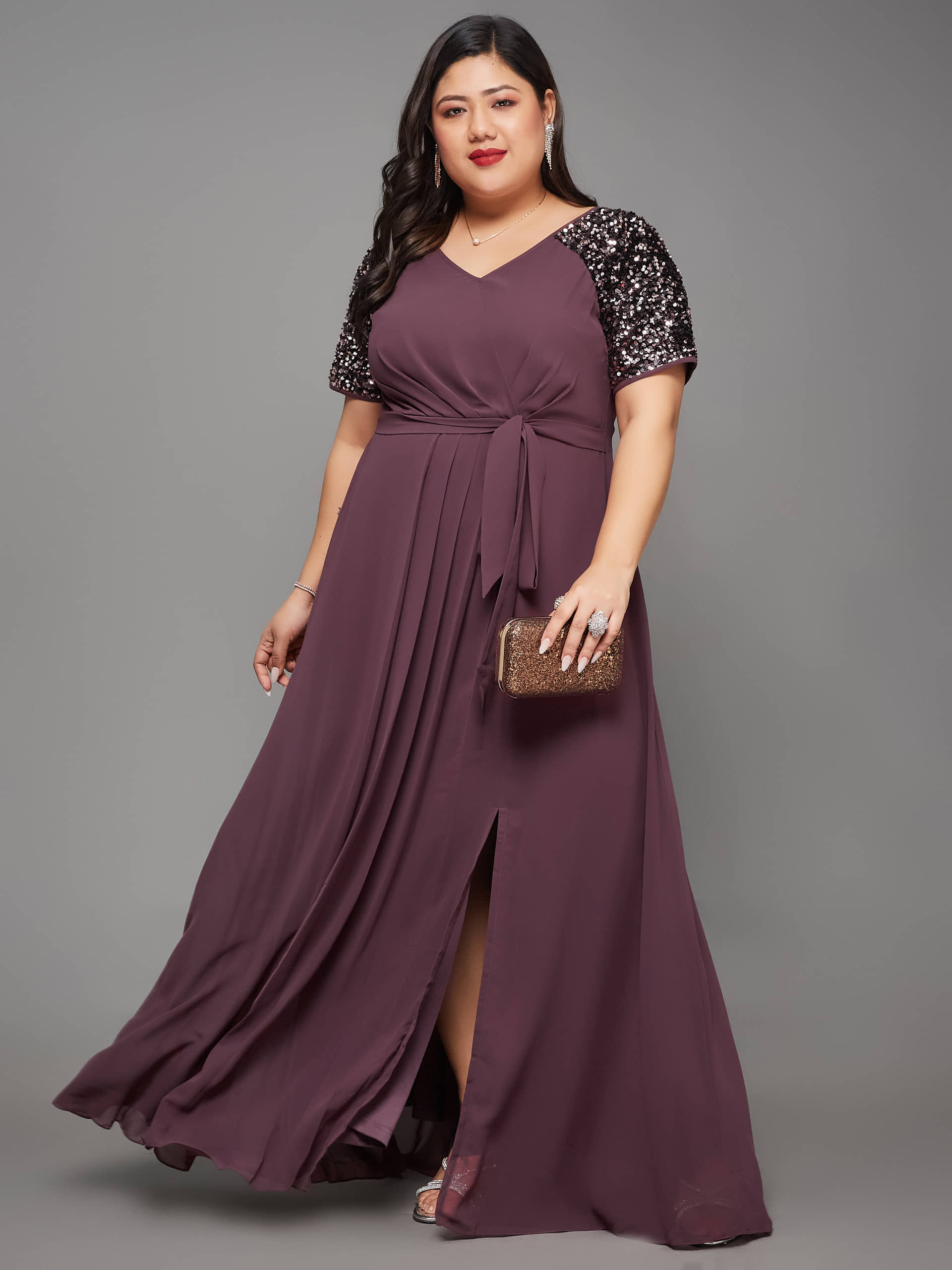 Miss Chase A+ Women Georgette Embellished Side Slit Dress ( Mauve )