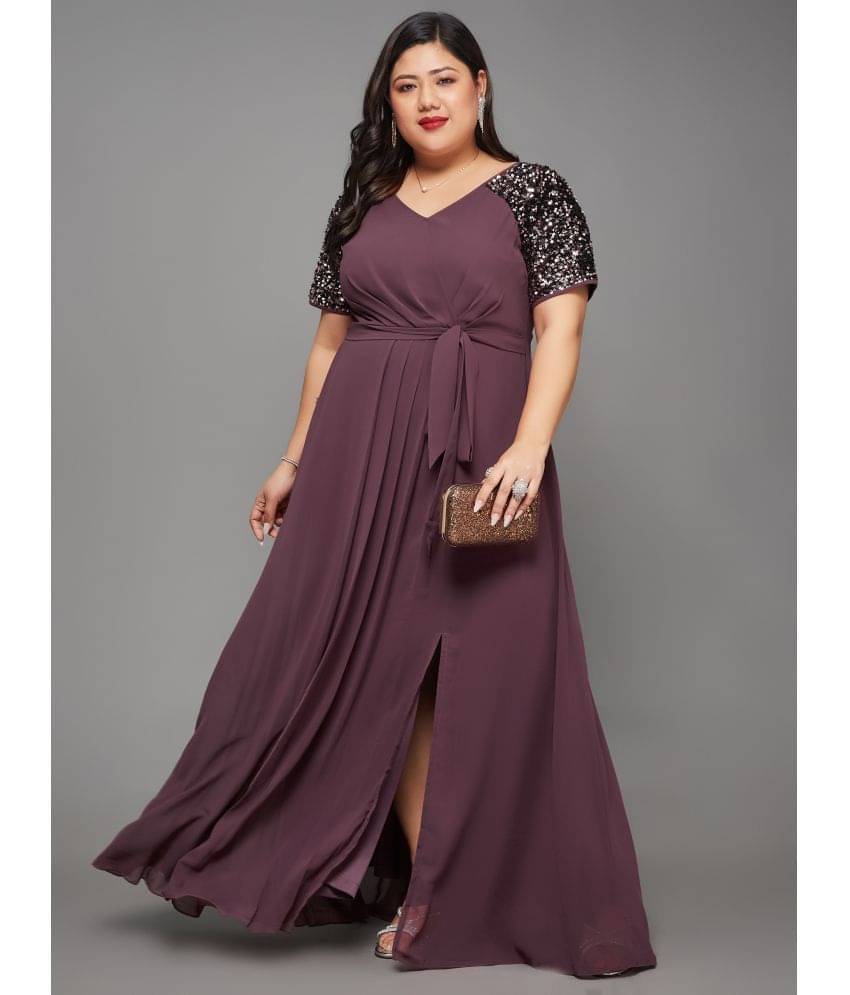 Miss Chase A+ Women Georgette Embellished Side Slit Dress ( Mauve ) Miss Chase A+ Women Georgette Embellished Side Slit Dress ( Mauve )