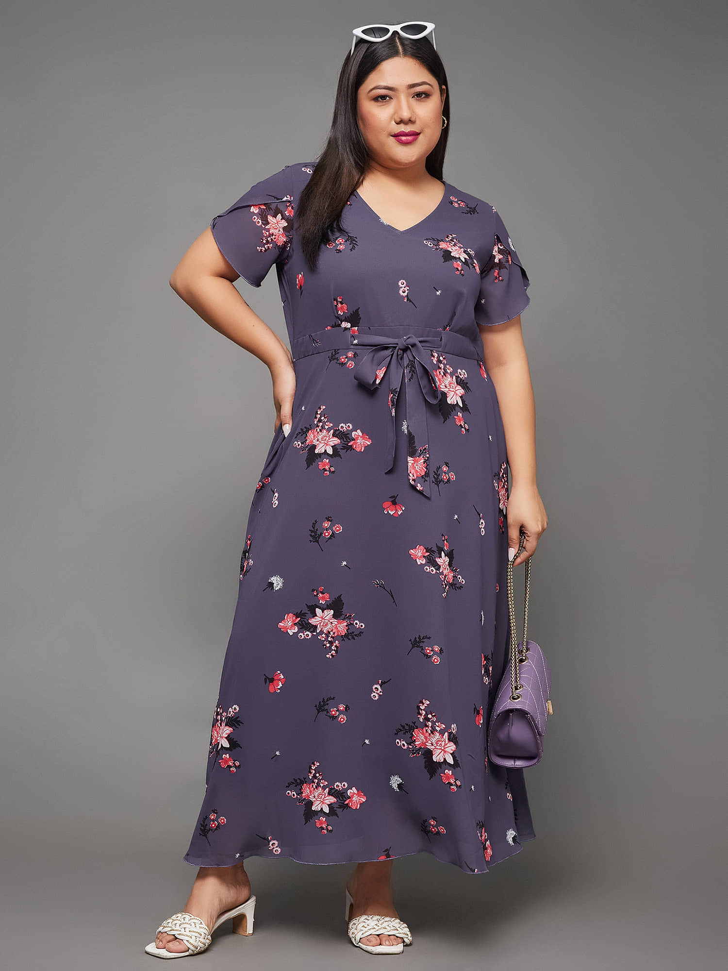 Miss Chase A+ Women Georgette Printed Fit & Flare Dress ( Purple )