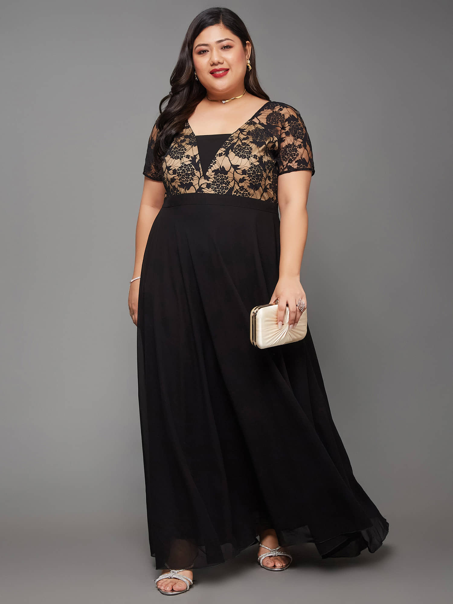 Miss Chase A+ Women Georgette Self Design Fit & Flare Dress ( Black )