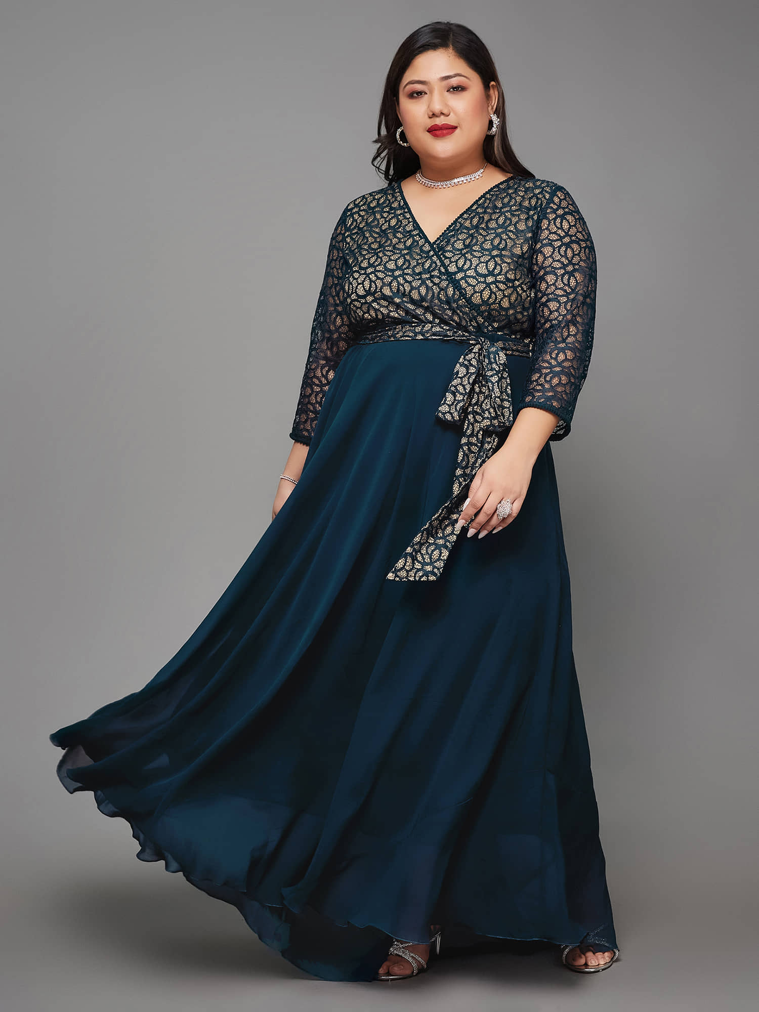 Miss Chase A+ Women Georgette Self Design Fit & Flare Dress ( Teal )