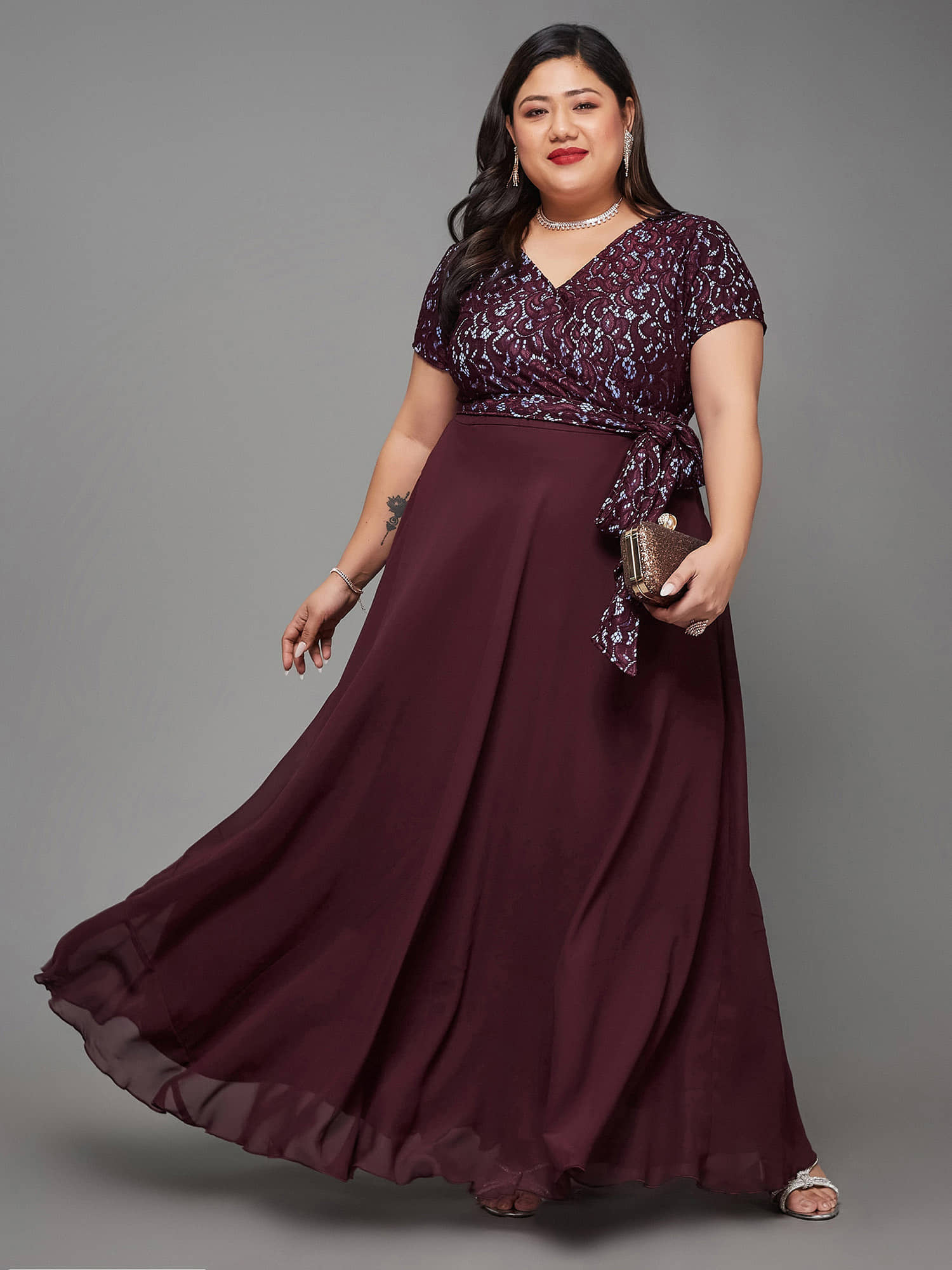 Miss Chase A+ Women Georgette Self Design Fit & Flare Dress ( Wine )