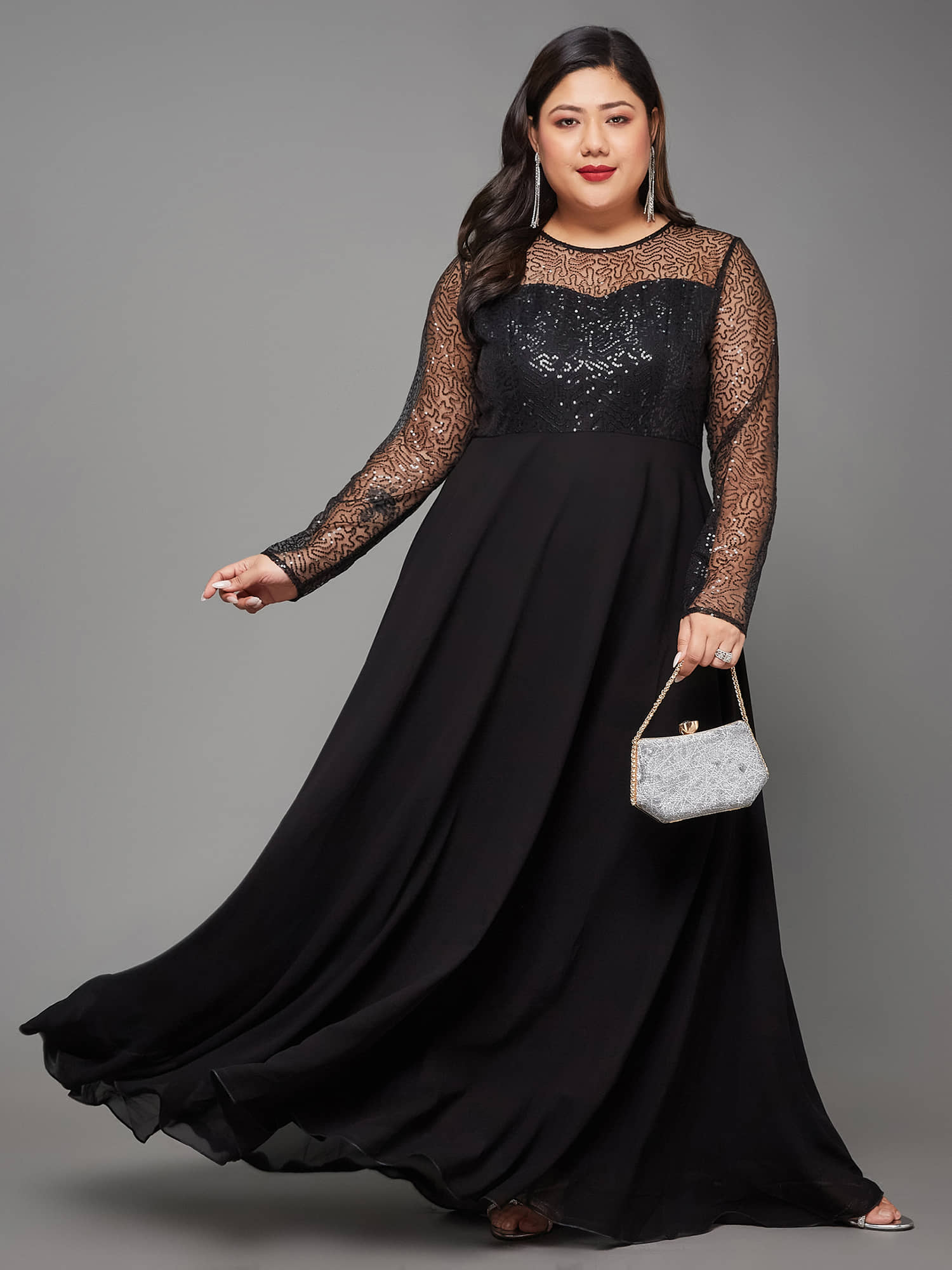 Miss Chase A+ Women Georgette Solid Fit & Flare Dress ( Black )